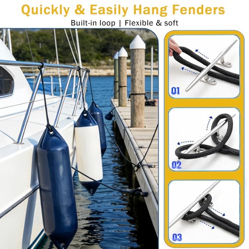 Marine Nylon Fender Lines 3/8" x 6' - White Boat Docking Ropes, Reinforced Eye Loop