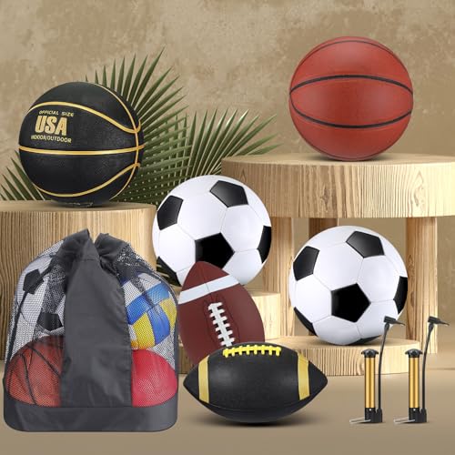 Sratte 6-Piece Sports Ball Set - Official Size Football Basketball Soccer Black Gold