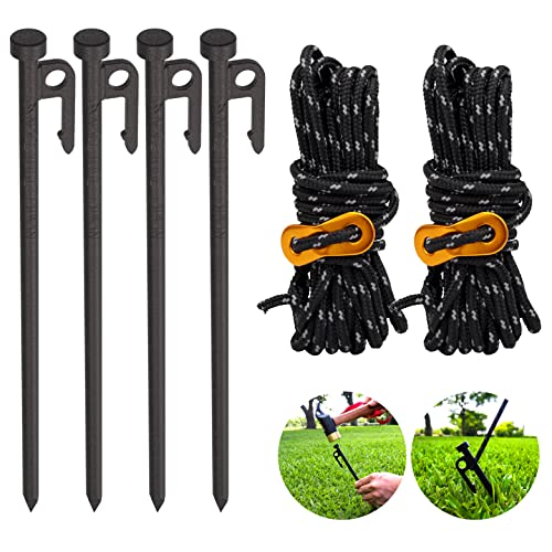 Heavy Duty Tent Stakes 12 Inch with Guy Lines - 4 Pack, Camping Accessories