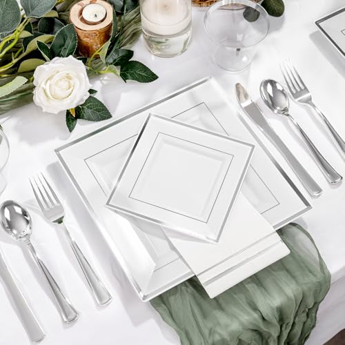 Festiva 50 Guests Silver Square Plastic Party Plates Set with Cups, Cutlery & Napkins – 9.5
