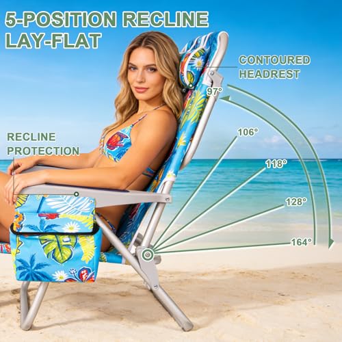 Romswi Tropical Print 2-Pack Aluminum Folding Beach Chairs with Cooler & Cup Holder