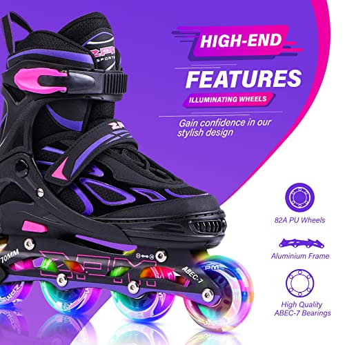 Adjustable Inline Skates for Kids, Youth & Adults with Light Up Wheels - Violet & Magenta, Large (4.5-8 US)