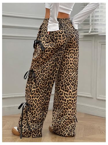 Verdusa Women's Y2K Bow Wide Leg Parachute Pants - Leopard Brown, Medium