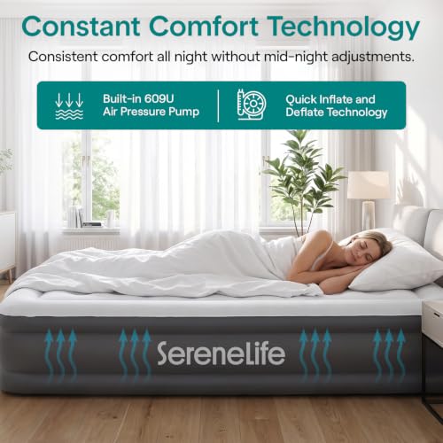 SereneLife Twin Size Raised Air Mattress with Built-in Pump, Waterproof Plush Top, 39-Inch Wide, 700 lbs Capacity — Gray