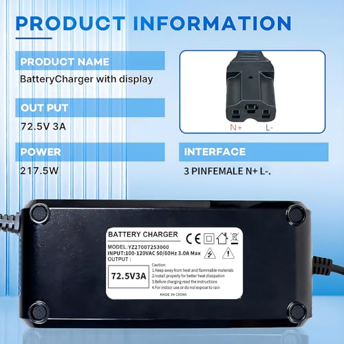 72.5V 3A Lead Acid Battery Charger for 60V 20Ah Pack with Display & Fan