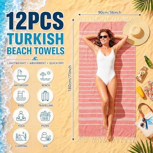 Turkish Beach Towels Set - Multicolor 12 Pack 71x36 Inches Large Quick-Dry Sand-Resistant for Beach & Pool