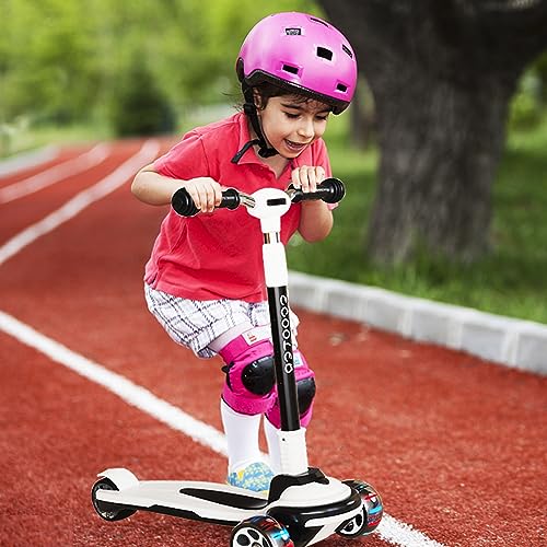 Kids Kick Scooter with 3 LED Light Wheels, Adjustable Height, Foldable, Black & White, for Ages 3-12