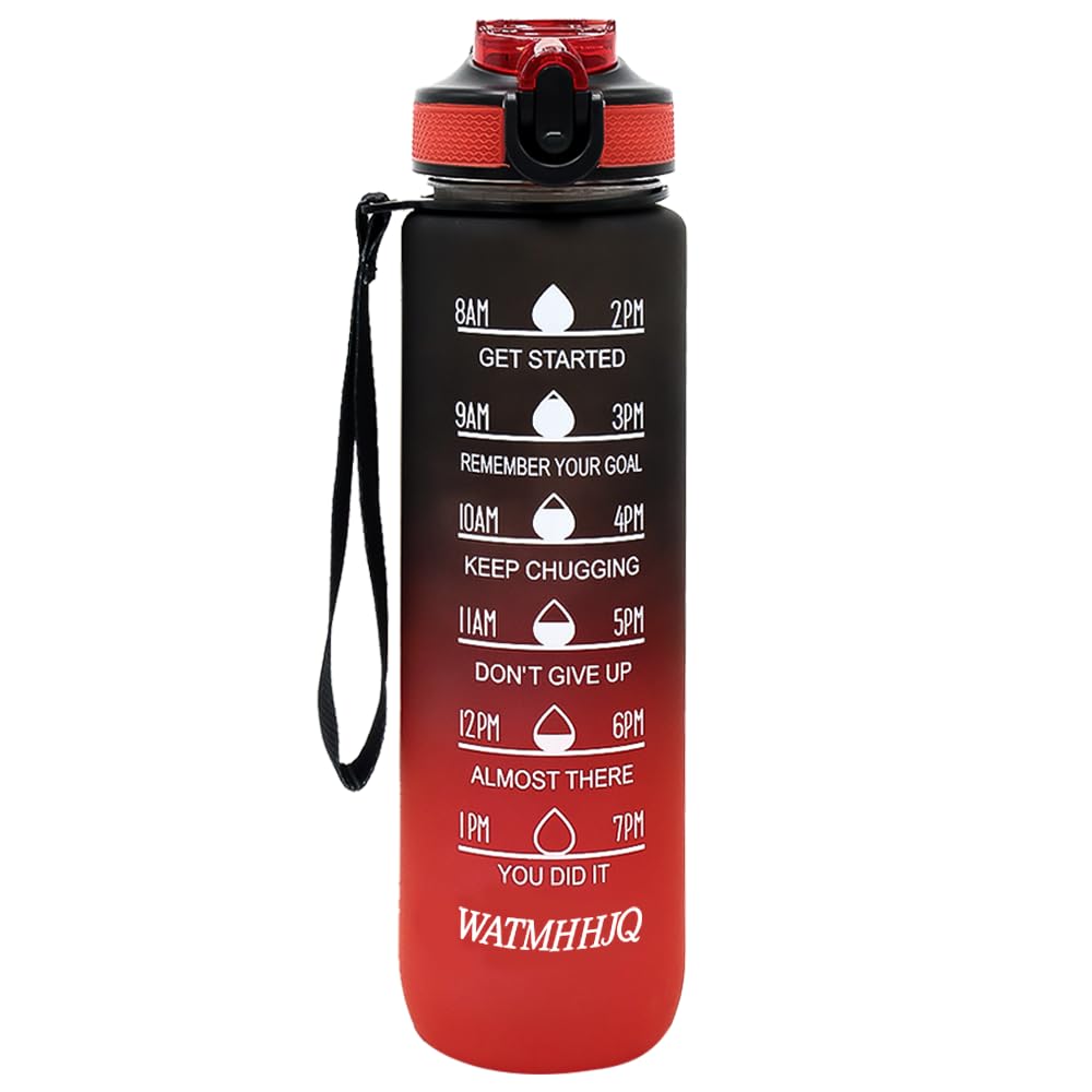 WATMHHJQ 32oz Sports Water Bottle Outdoor, with Drinking Time and Capacity Labels, Sport Water Cups with Straw,BPA Free Leak Proof,for Fitness Gym Running Climbing (Black red)