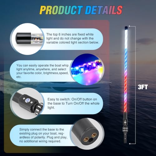 Nilight 3FT Spiral Boat Navigation Light RGB White LED Watercraft Safety Light