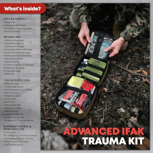 VLITEPRO C-Brown Trauma First Aid Kit 144pcs Portable Emergency Camping Gear with Tourniquet & Splint