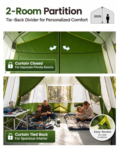 10 Person Waterproof Family Camping Tent with Rainfly, Mesh Windows & Divider