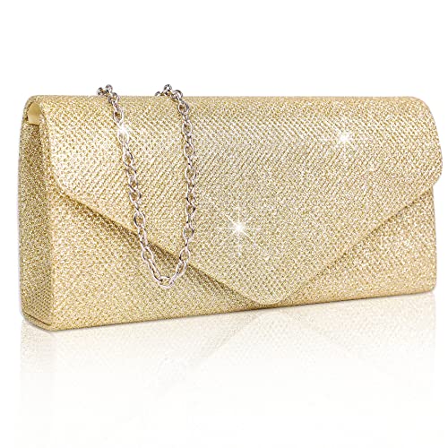 Larcenciel Sparkly Sequin Envelope Clutch Bag with Chain - Gold, 20x5x10cm
