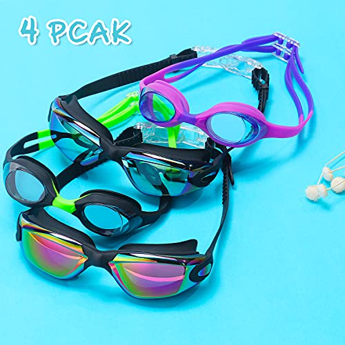 Kids Swim Goggles UV Protection Anti-Fog No Leaking 4 Pack - Black, Purple, Electroplated Variations