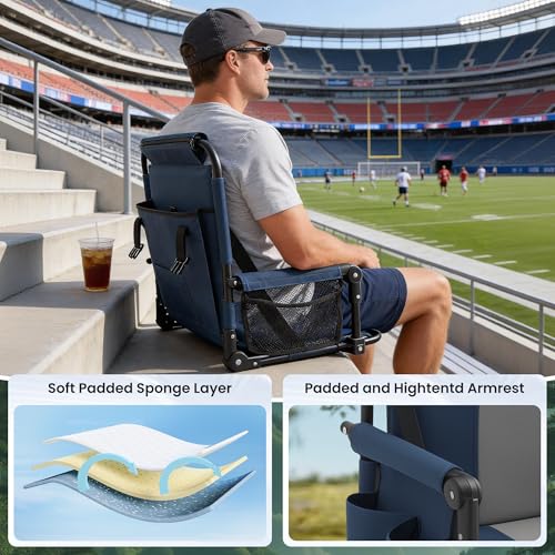 2 Pack Portable Stadium Seat with Cup Holders & Armrests, Foldable Bleacher Chair with Back Support, Blue & Gray