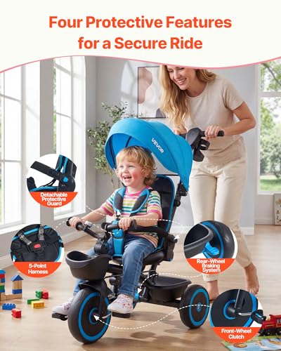 VEVOR 6-in-1 Toddler Tricycle & Stroller with Canopy, Parent Push Handle, Adjustable Seat, Blue/Black