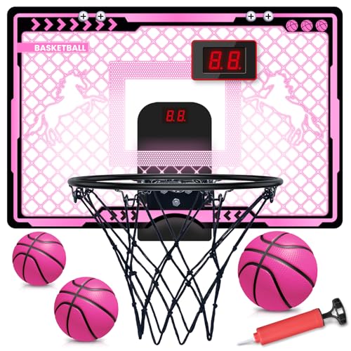 Pink Indoor Kids Basketball Hoop with Electronic Scoreboard & 3 Balls - Unicorn Gift for Girls Ages 5-12
