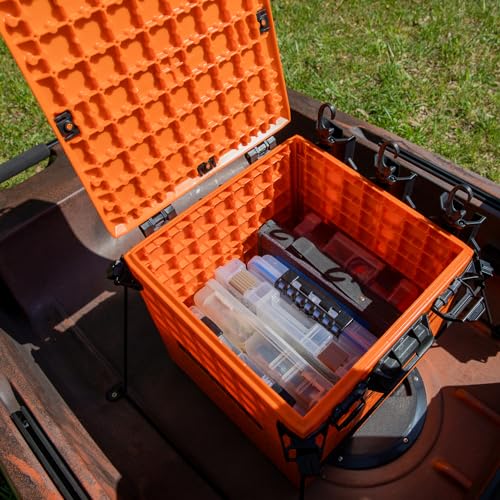 Kayak Storage Crate with 3 Rod Holders - Orange 13x13x13, Fully Riggable Marine Tackle Box