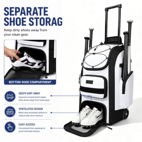 White 55L Wheeled Baseball & Softball Bag with Bat Holders & Ventilated Cleat Compartment