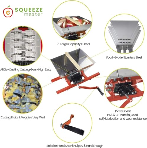 SQUEEZE master 7L Manual Fruit Apple Wine Crusher with Steel Hopper & Metal Teeth