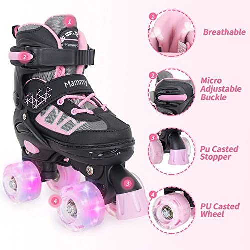 Kids Pink Adjustable Light-Up Roller Skates for Ages 6-12 - Large Youth