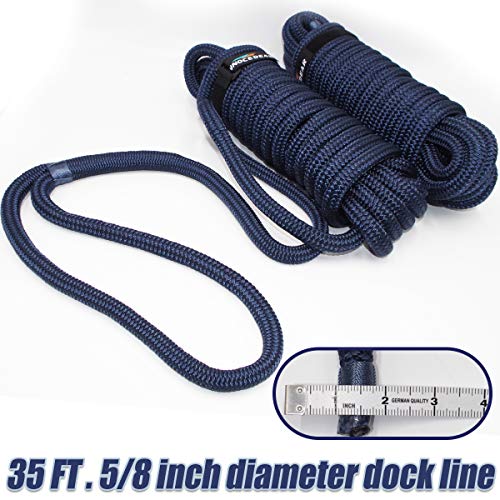 2 Pack Navy Blue Dock Lines - 35 Ft, Double Braided Nylon with Eyelet - 5/8"