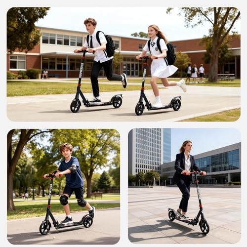 FREEDARE Foldable Kids & Teen & Adult Kick Scooter - Black Red, Adjustable & Lightweight