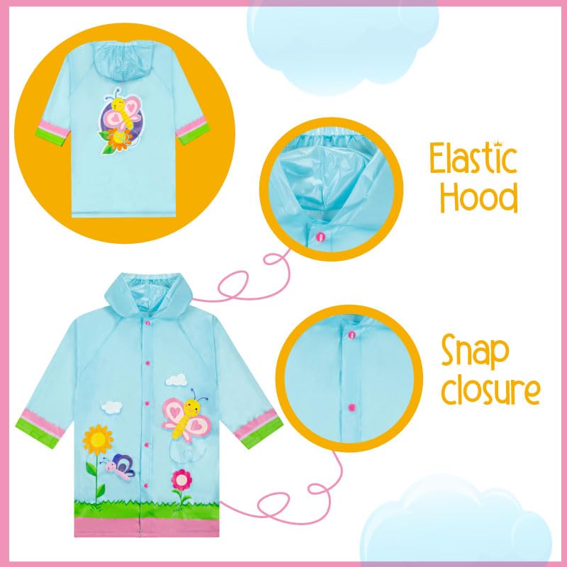 Kids Waterproof Hooded Rain Slicker - Lightweight Outwear Jacket for 8-9 Years Light Blue Butterfly