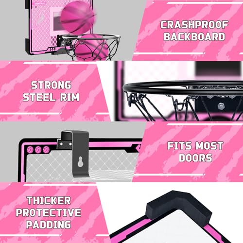 Pink Indoor Kids Basketball Hoop with Electronic Scoreboard & 3 Balls - Unicorn Gift for Girls Ages 5-12