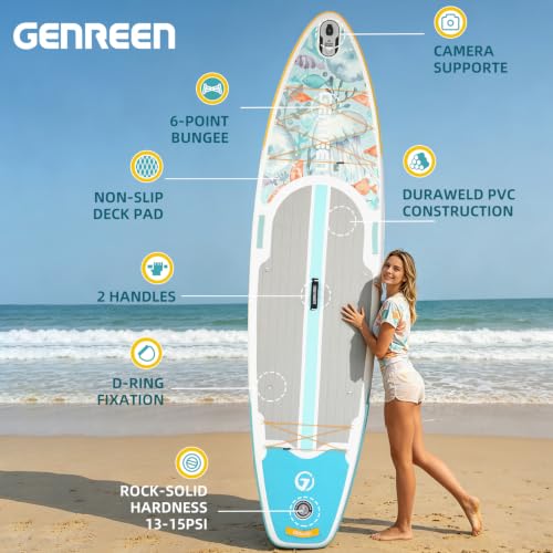 GENREEN 10'6" Inflatable Stand Up Paddle Board Blue Jellyfish - Beginner & Stable