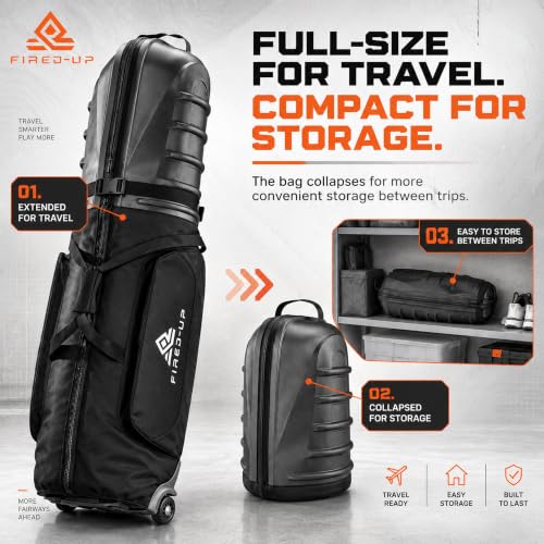 FIRED-UP Hard Top Golf Travel Bag - Collapsible Hard Shell Case with Wheels & Internal Strap