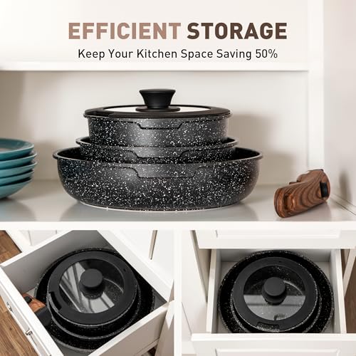 MAISON ARTS 10-Piece Detachable Handle Non-Stick Cookware Set Black