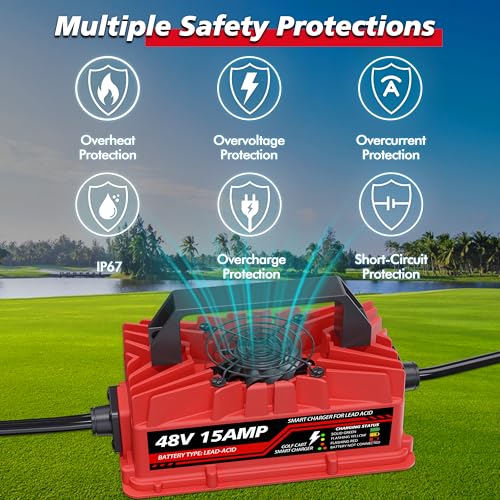 Akizbeir 15 Amp 48V Waterproof Golf Cart Battery Charger for EZGO RXV & TXT - Red