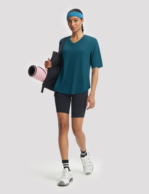 baleaf Womens Half Sleeve Athletic Shirts V Neck Elbow Short Sleeve Workout Tops UPF 50+ Sun Protection UV Yoga Running Blue L