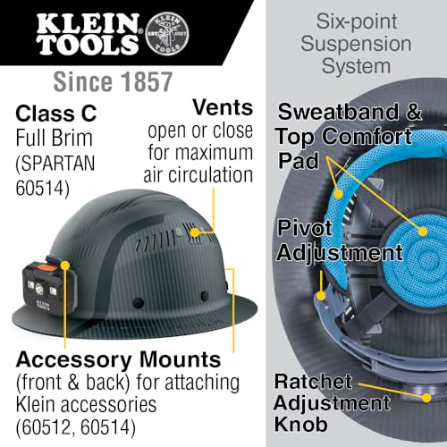 Klein Tools K12 Series Carbon Fiber Hard Hat with Light - One Size, Vented, Full Brim, Class C