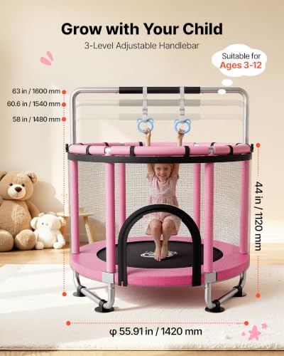 Pink Indoor Trampoline for Kids 3-12 with Safety Enclosure & Toys - 4.6 ft