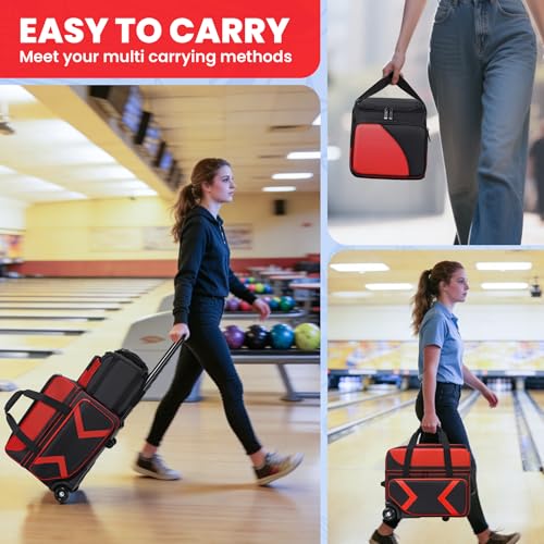 Aleemin Red 3 Ball Bowling Bag with Wheels & Tote - Durable, Multi-Compartment