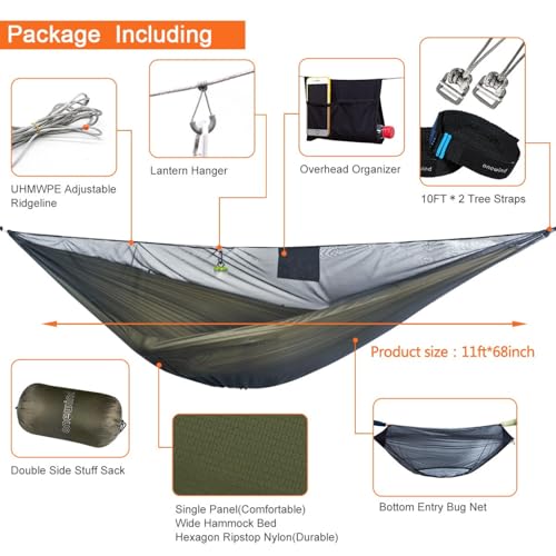 Od Green Double 11ft Camping Hammock with Mosquito Net & Straps - Lightweight & Durable