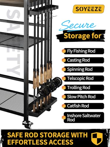 Black SOYEEZE Garage Fishing Rod Holder Cart - Holds 12 Rods & Reel Storage