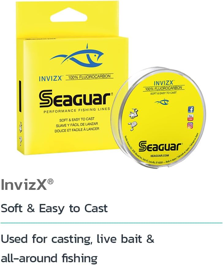 Seaguar InvizX Fishing Line - 100% Fluorocarbon for Freshwater Casting & Live Bait | Clear, Multiple Sizes