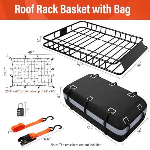 KAHLHAK Roof Cargo Basket 64" & Waterproof Bag 20 Cu Ft Roof Rack System