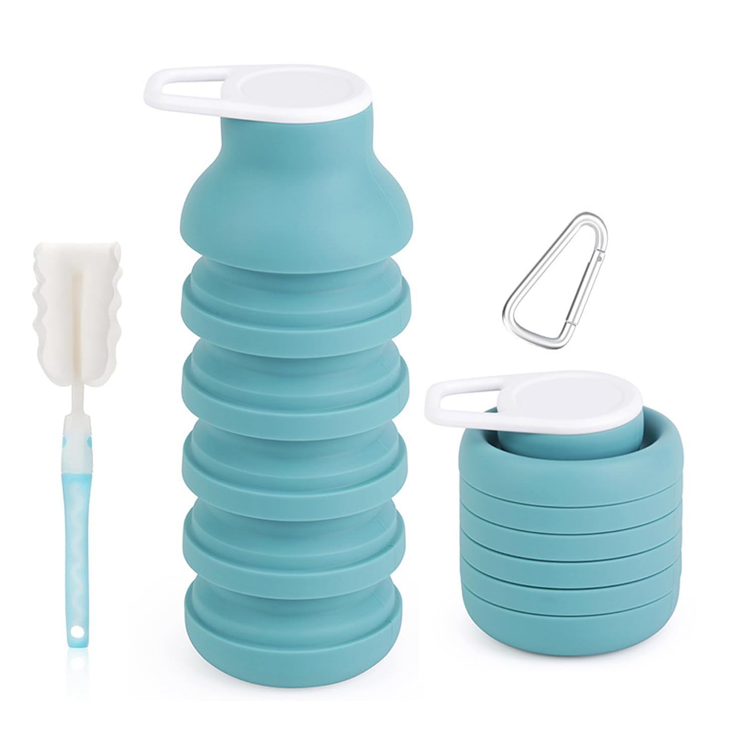 BMLFOH Collapsible Silicone Water Bottle – Foldable Travel Water Bottle Leakproof, BPA Free, Portable & Space-Saving – Perfect for Gym, Hiking,Travel(carabiner and cleaning brush),Light green