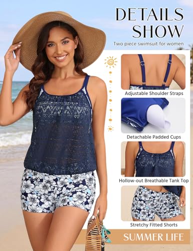 Women’s Modest Tankini Swimsuit Set with Hollow Out Blouson Top and Boyshort Bottom