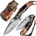 Handmade Damascus Steel Folding Knife with Maple Handle & Holster – EDC Outdoor Survival Blade