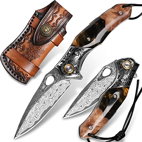 Handmade Damascus Steel Folding Knife with Maple Handle & Holster – EDC Outdoor Survival Blade