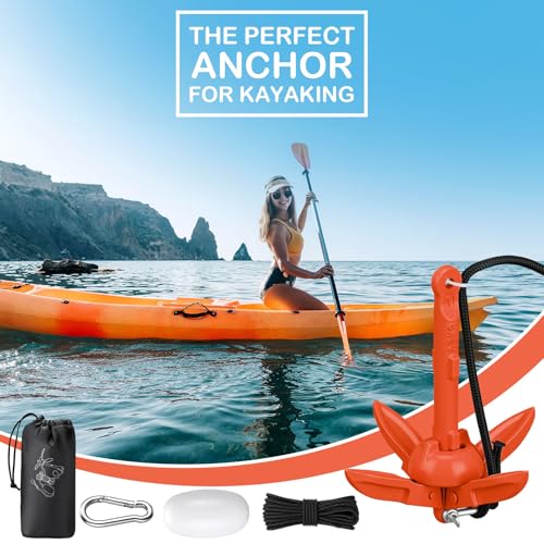 Orange Folding Grapnel Anchor Kit for Kayaks - 1.5 lb with 40ft Rope and Accessories