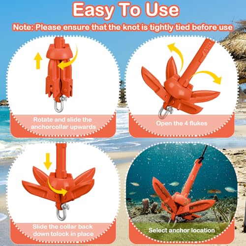 Orange Folding Grapnel Anchor Kit for Kayaks - 1.5 lb with 40ft Rope and Accessories