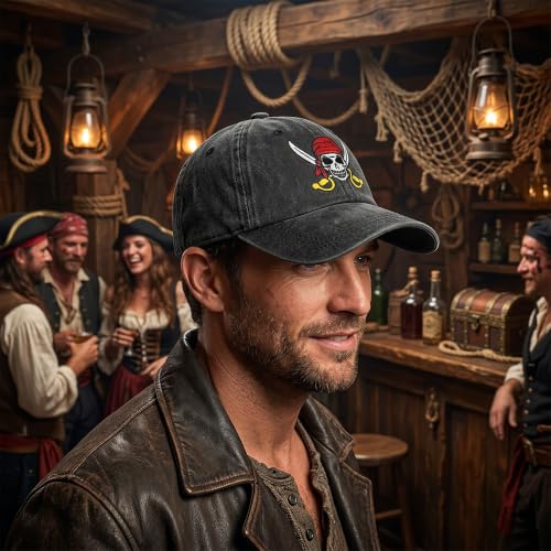 Embroidered Baseball Cap for Men Women - Pirate Skull Washed Black Variation