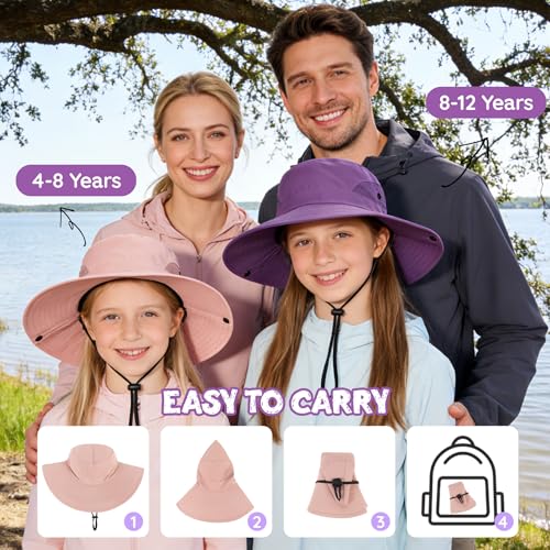 Pink Kids Sun Hat UPF 50+ Summer Beach Bucket Hat for Girls 4-8 Years