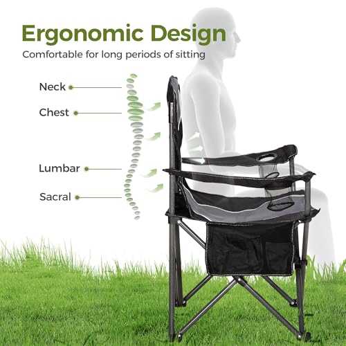 Oversized Camping Folding Chair with Cup Holders - Heavy Duty Steel Frame, 350 LBS Support, Black & Grey 2-Pack