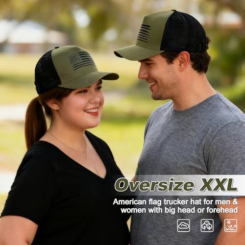 Green & Black Oversized American Flag Baseball Cap for Men & Women - Big Head Adjustable Snapback Hat - Patriotic Mesh Trucker Hat